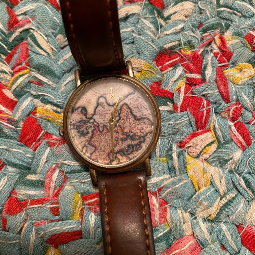 World map leather watch